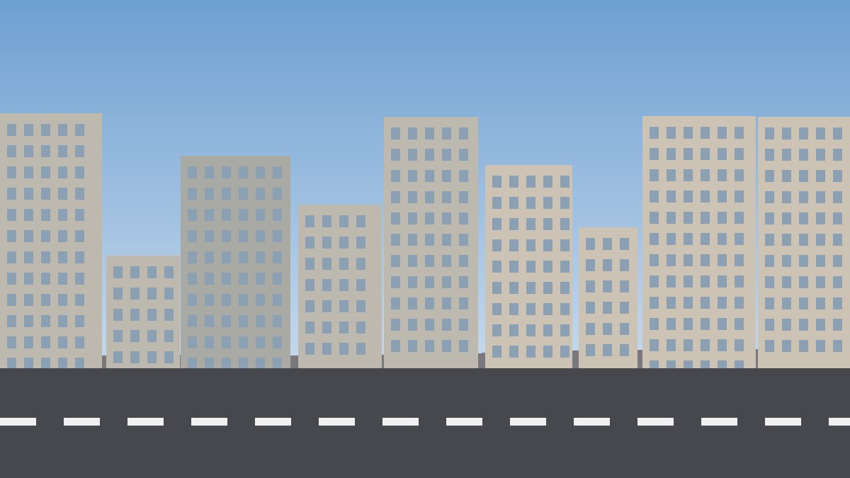 Rua com prédios baixos e faixa de pedestres